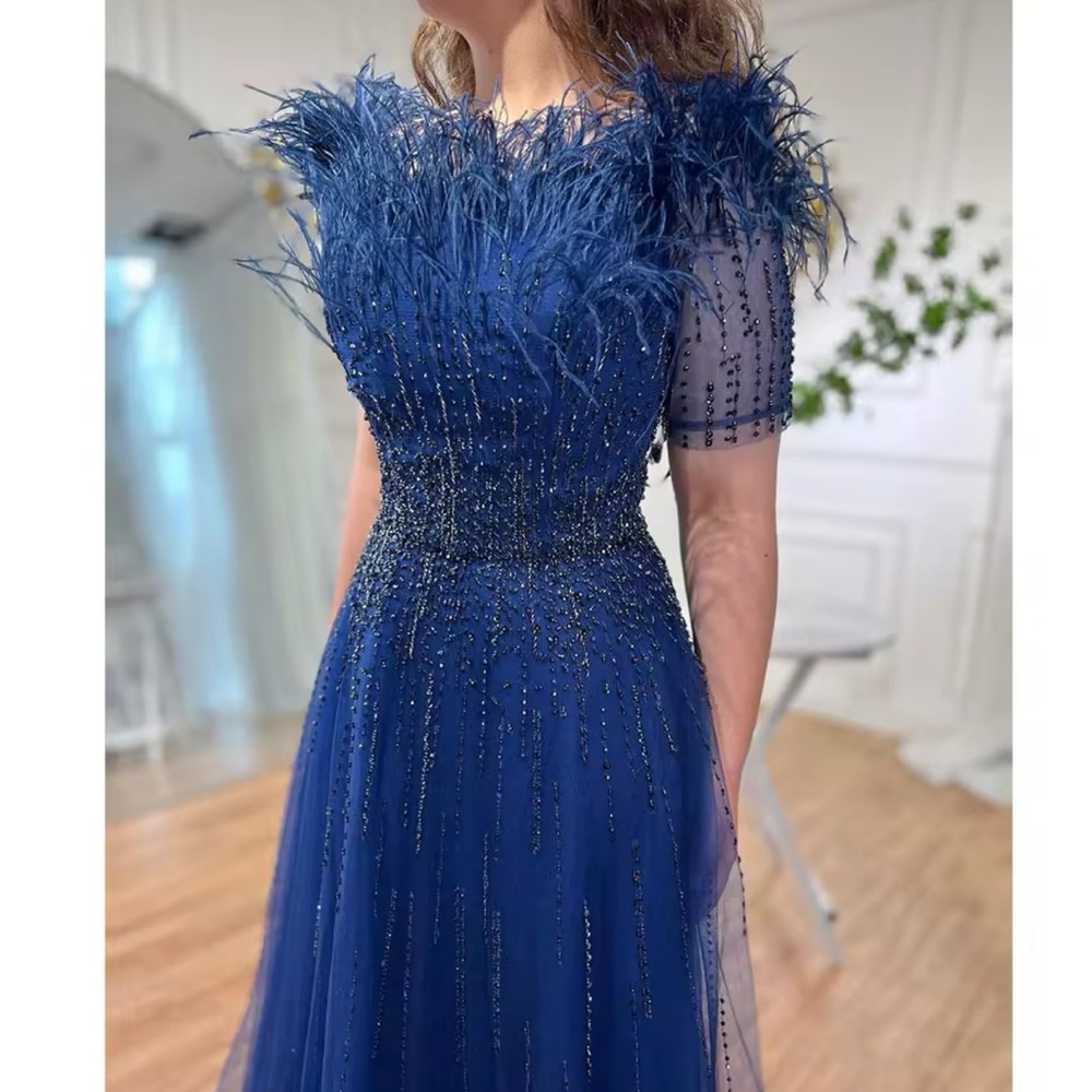 Luxury Beaded Embellished Blue Boat Neck Maxi Evening Dress with Feathers